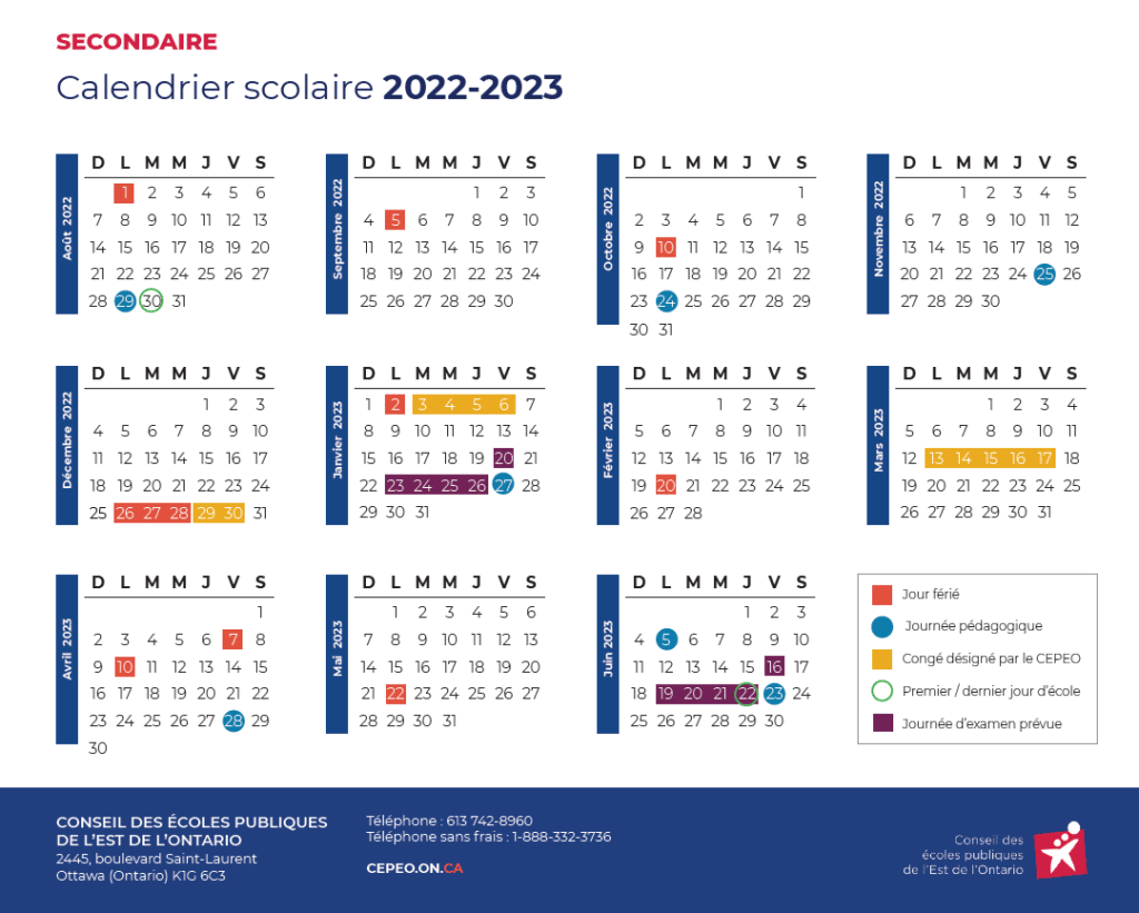 calendrier scolaire 2022 2023 Français